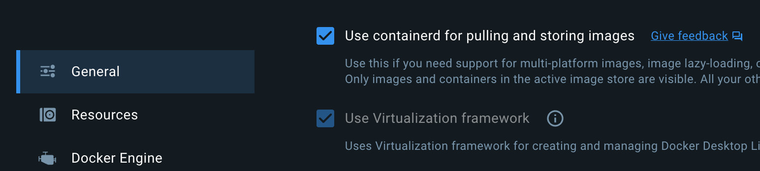 Опция \`Use containerd for pulling and storing images\` в Docker Desktop