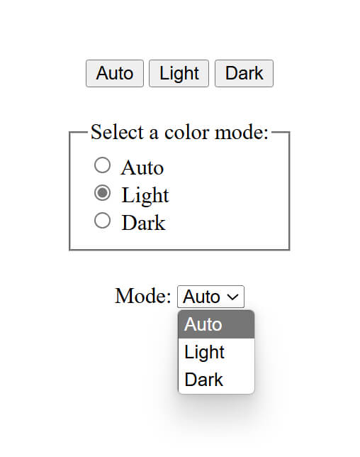 Три примера переключателей режимов, каждый из которых имеет три варианта: Auto, Light и Dark. Кнопки, набор полей с радиокнопками и элемент select.