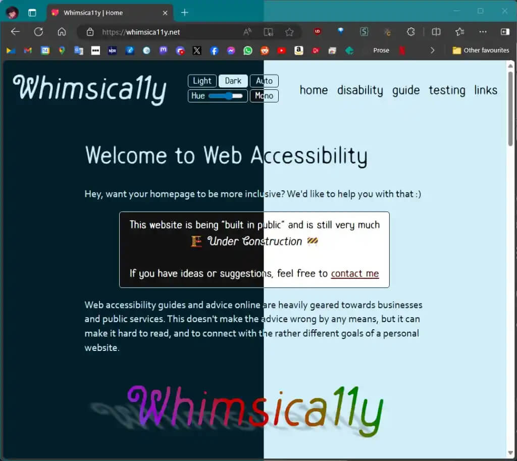  Скриншот сайта whimsica11y.net, использующего метод color-mix() для создания темы