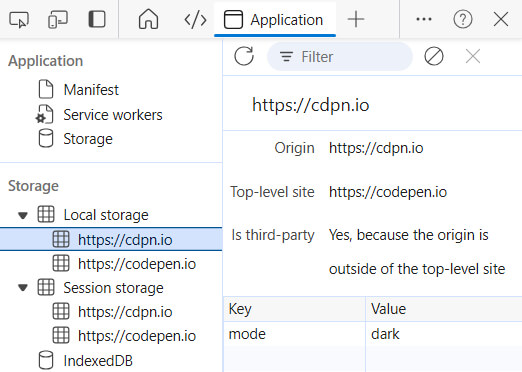 Снимок экрана верхней части Edge devtools с открытой вкладкой Application. Показан ключ `mode` и значение `dark`, сохранённые в локальном хранилище cdpn.io.