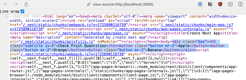 Скриншот исходного текста примера SSR React, где контент правильно отображается в HTML.