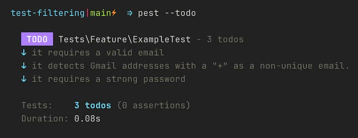 Результат выполнения команды pest --todo