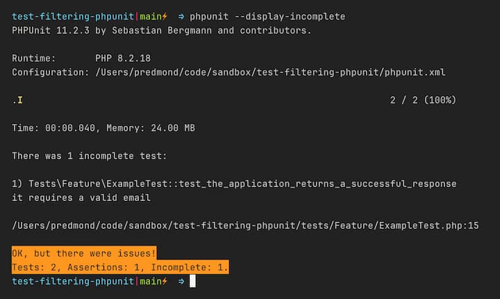 Результат выполнения команды phpunit --display-incomplete